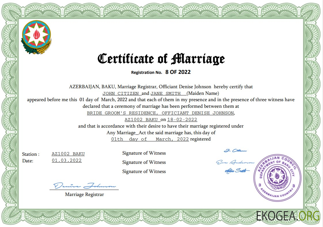Modèle Word et PDF de certificat de mariage en Azerbaïdjan,
